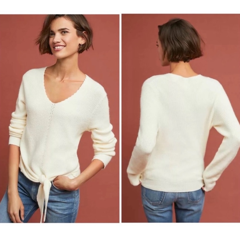 Anthropologie Moth Freeport Ribbed V Neck Tie Hem Pullover Sweater Cream Small